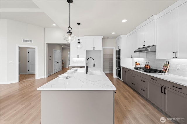 6612 6th St E, Tacoma, WA 98424 - kitchen with a sink, under cabinet range hood, backsplash, light wood-style floors, and light stone counters