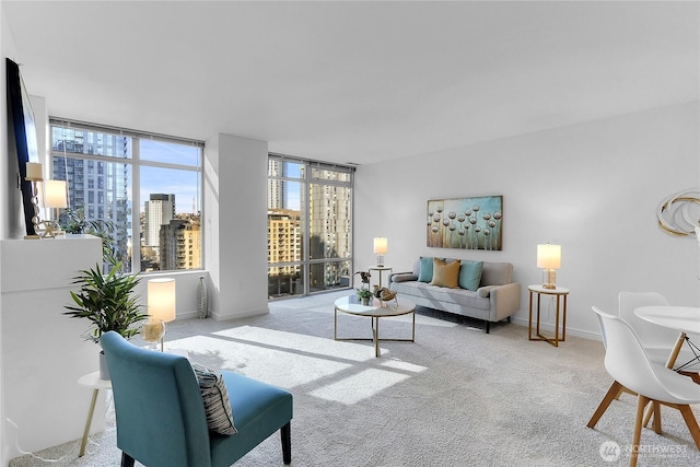 carpeted living room featuring a view of city and baseboards