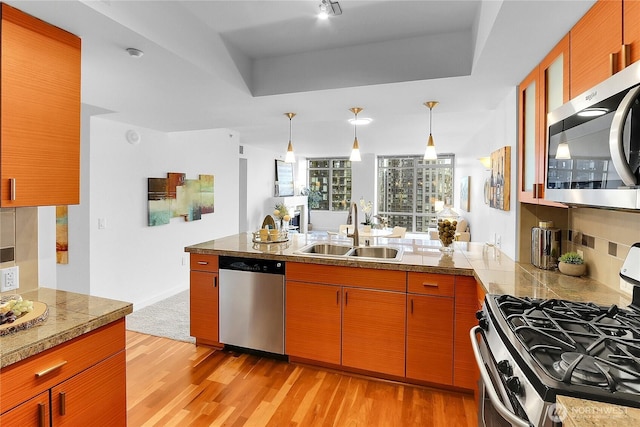 kitchen featuring light wood finished floors, appliances with stainless steel finishes, a peninsula, a tray ceiling, and a sink