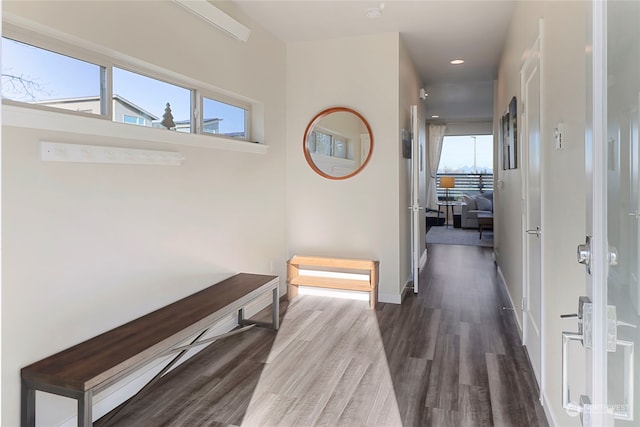 hallway with dark wood-type flooring