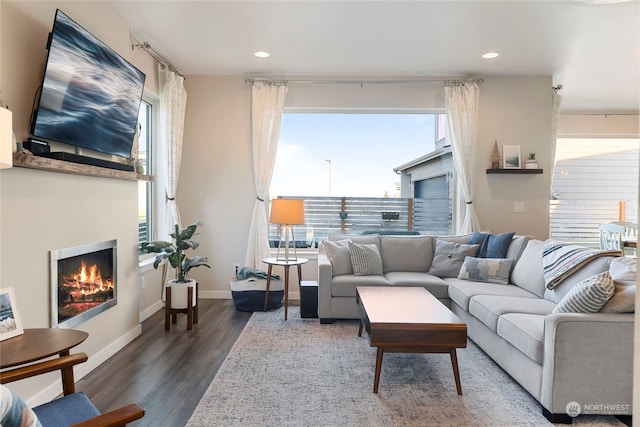 living room with dark wood-type flooring