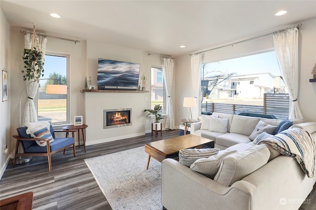 living room featuring dark wood-type flooring