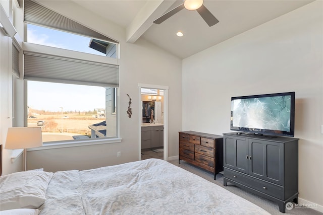 carpeted bedroom with beamed ceiling, ceiling fan, ensuite bathroom, and high vaulted ceiling