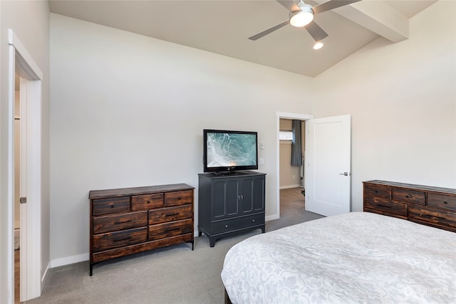 bedroom with carpet floors, lofted ceiling with beams, and ceiling fan