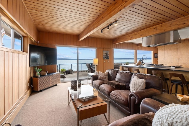 living room with wood walls, wood ceiling, light carpet, track lighting, and beam ceiling