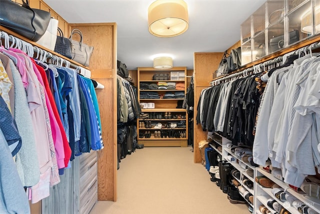 walk in closet featuring light colored carpet