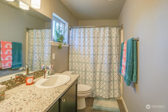 bathroom featuring tile patterned floors, toilet, vanity, curtained shower, and backsplash