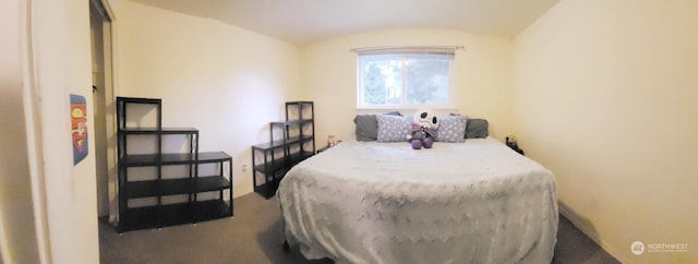 bedroom featuring lofted ceiling and carpet flooring