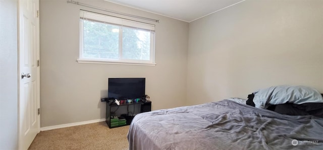 bedroom with light carpet