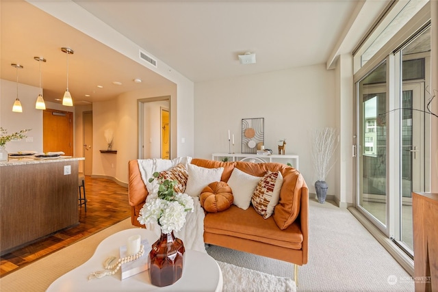 living room with parquet floors