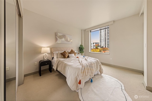 bedroom featuring light colored carpet and a closet