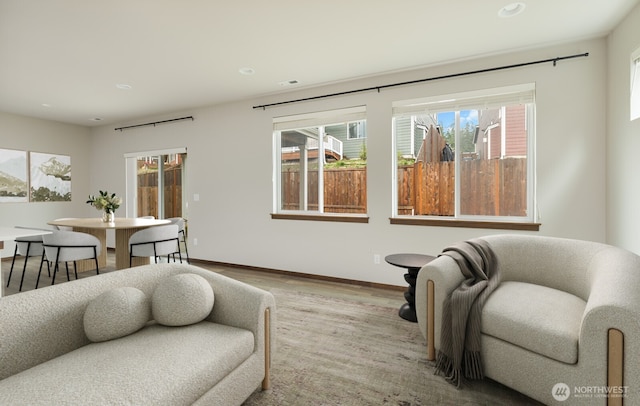 living room with baseboards and wood finished floors