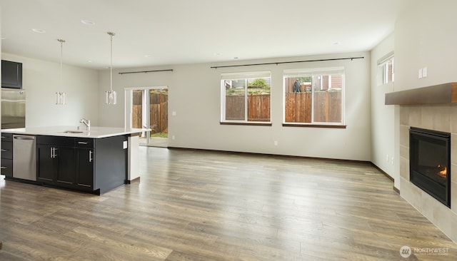 kitchen featuring a fireplace, a sink, wood finished floors, dark cabinetry, and dishwasher