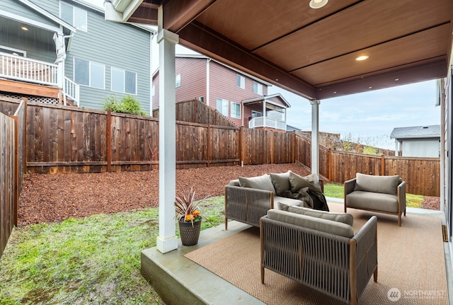 view of patio / terrace featuring a fenced backyard and outdoor lounge area