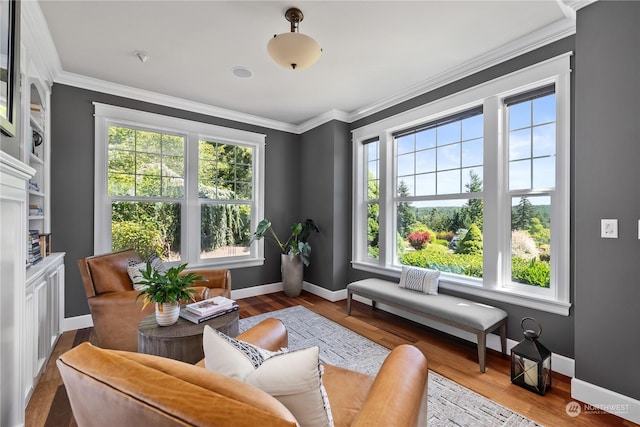 living area featuring hardwood / wood-style floors, a wealth of natural light, and ornamental molding