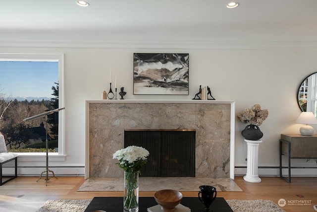 interior details featuring ornamental molding and hardwood / wood-style floors