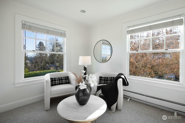 sitting room featuring a wealth of natural light, carpet, and baseboard heating