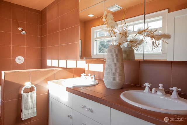 bathroom featuring a healthy amount of sunlight, vanity, and backsplash