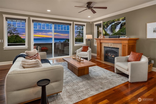 living room with a tile fireplace, crown molding, and dark hardwood / wood-style flooring