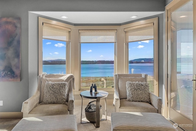 living area with a water view