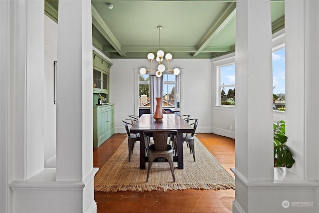 dining room with wood finished floors, baseboards, coffered ceiling, beamed ceiling, and a notable chandelier