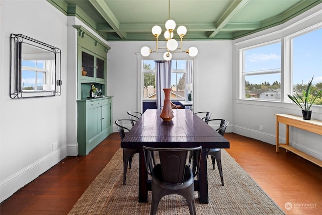 dining space featuring dark wood-style flooring, coffered ceiling, and a chandelier