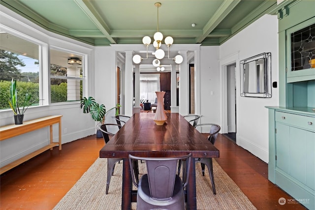 dining area with coffered ceiling, a chandelier, and dark wood finished floors