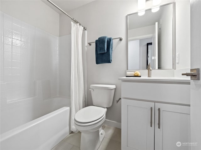 full bathroom with toilet, tile patterned floors, shower / bathtub combination with curtain, and vanity