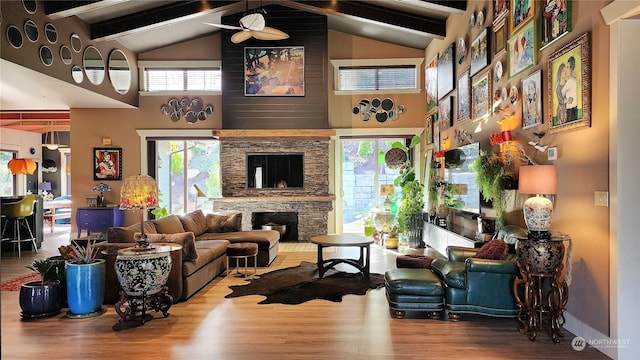 living room with hardwood / wood-style flooring, a healthy amount of sunlight, a fireplace, and beam ceiling