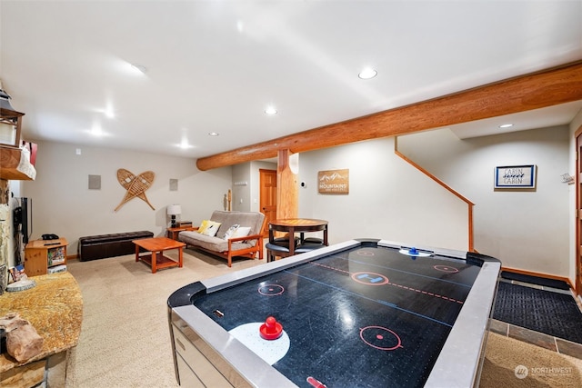 playroom with beam ceiling and carpet flooring