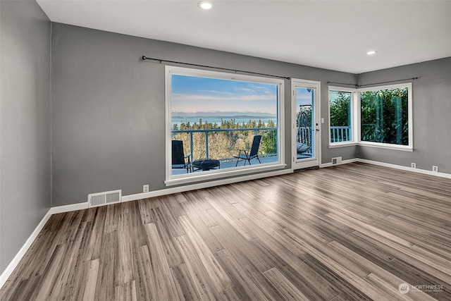 unfurnished room featuring a water view, wood-type flooring, and plenty of natural light