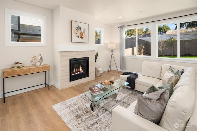 living room featuring a high end fireplace and light hardwood / wood-style floors