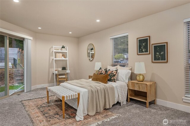 carpeted bedroom featuring access to outside, baseboards, and recessed lighting