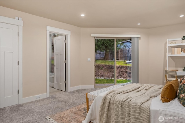 bedroom featuring light carpet, access to outside, baseboards, and recessed lighting