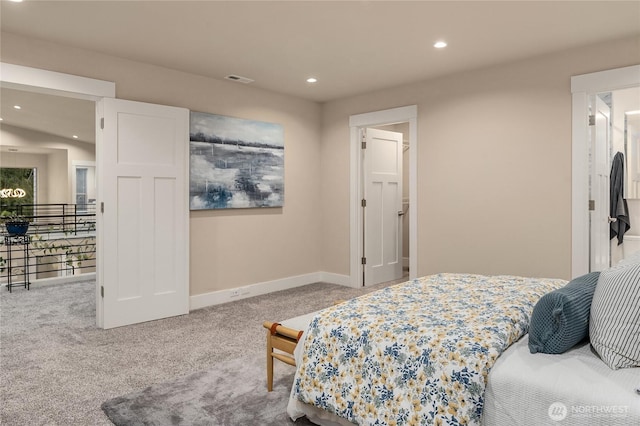 bedroom with carpet floors, baseboards, and recessed lighting