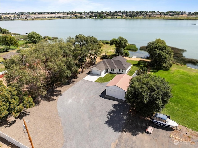 drone / aerial view featuring a water view