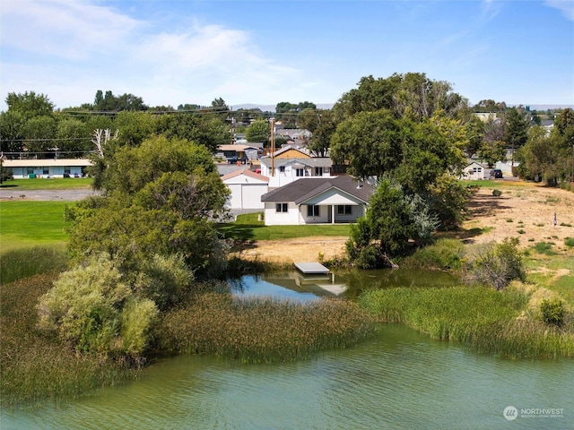 bird's eye view with a water view