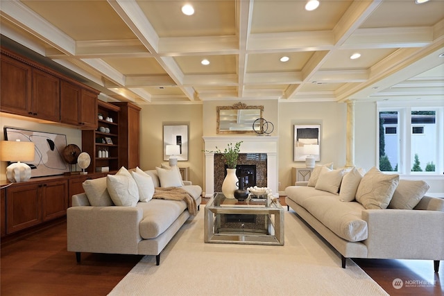 living room with coffered ceiling, hardwood / wood-style floors, and beamed ceiling