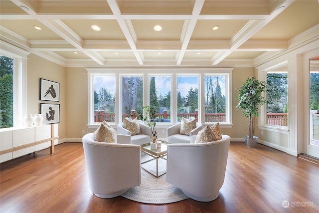 sunroom with beamed ceiling and coffered ceiling