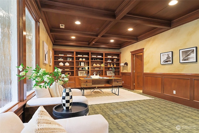 office featuring beamed ceiling, crown molding, coffered ceiling, and wood ceiling