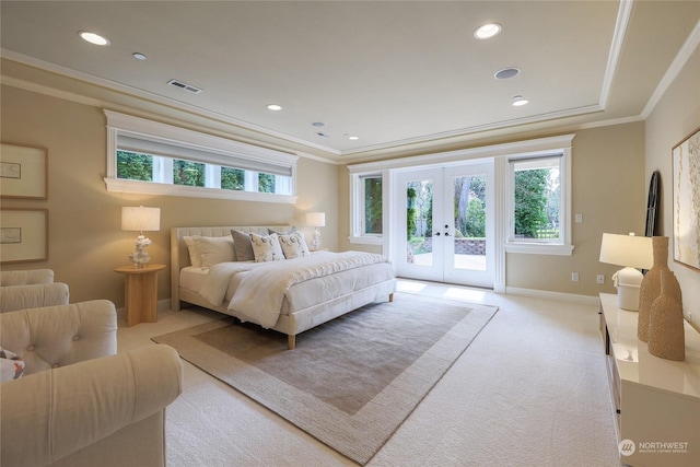 carpeted bedroom with access to exterior, crown molding, and french doors