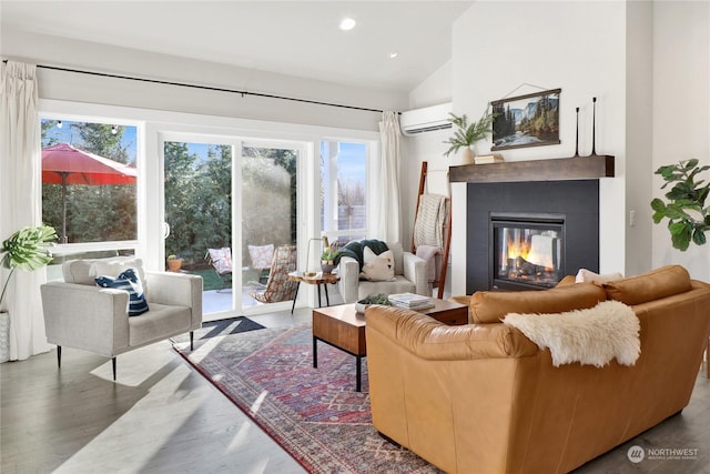 living room featuring lofted ceiling, dark hardwood / wood-style floors, and a wall mounted AC