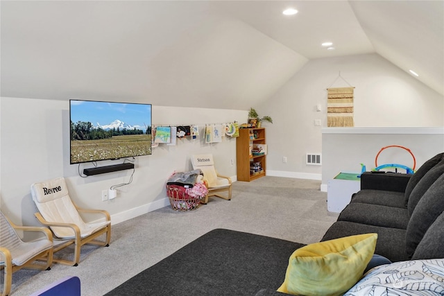 living room with vaulted ceiling and light carpet