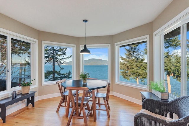 dining area featuring a wealth of natural light, light wood-type flooring, a water and mountain view, and baseboards