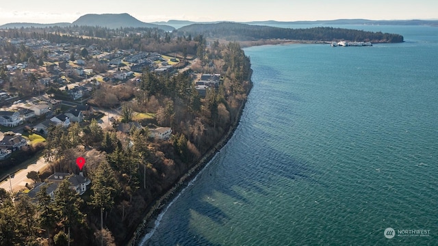 bird's eye view featuring a water and mountain view