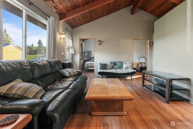 living room featuring lofted ceiling with beams, wood-type flooring, and wood ceiling