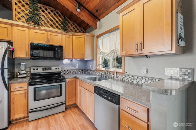 kitchen with sink, appliances with stainless steel finishes, vaulted ceiling with beams, light hardwood / wood-style floors, and wooden ceiling