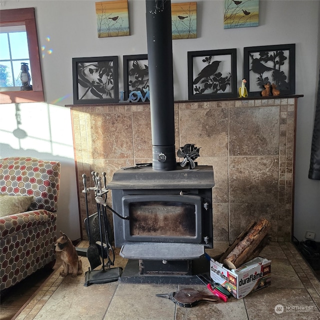 room details featuring a wood stove