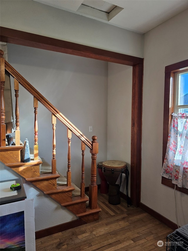 staircase with wood-type flooring