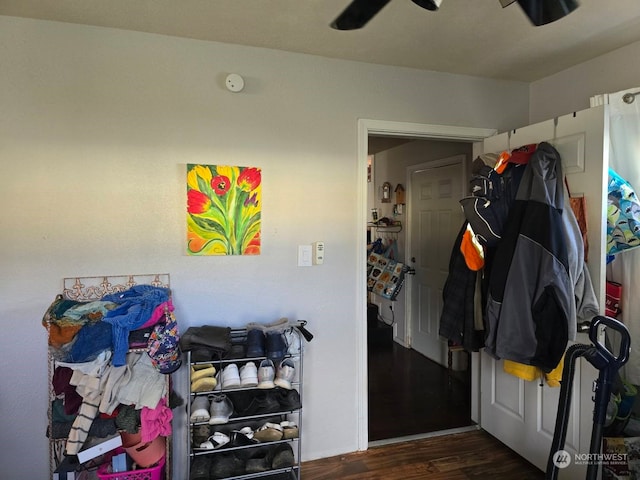 interior space featuring dark wood-type flooring and ceiling fan